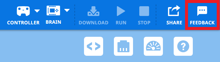 Barra de herramientas VEXcode IQ con el icono Comentarios resaltado a la derecha del icono Compartir.
