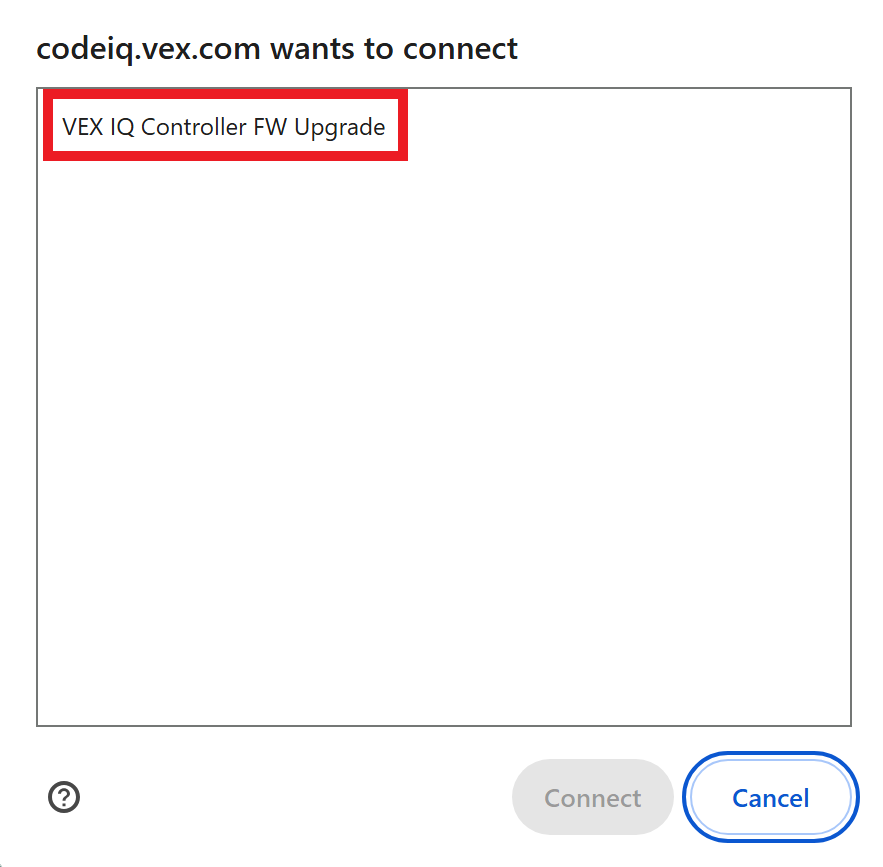 Böngésző eszközcsatlakozási ablaka, a kiválasztott VEX IQ vezérlő firmware-frissítése című elemmel.