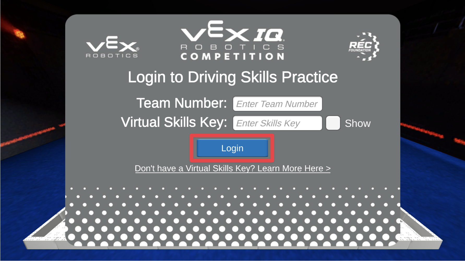 VIQRC ड्राइविंग कौशल अभ्यास विंडो जिसमें लॉगिन बटन को लाल बॉक्स के साथ बुलाया गया है।