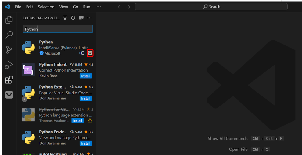 Le menu latéral des extensions de VS Code est ouvert et l'extension Microsoft Python a été installée. L'icône d'engrenage « Gérer » de l'extension est mise en évidence.