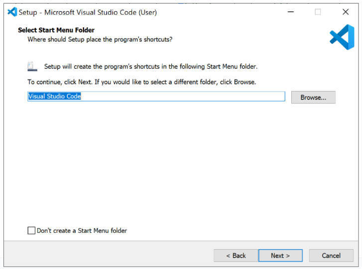 Microsoft VS Code-installatievenster met opties voor het selecteren van de map Startmenu. Hieronder is de knop Volgende gemarkeerd.