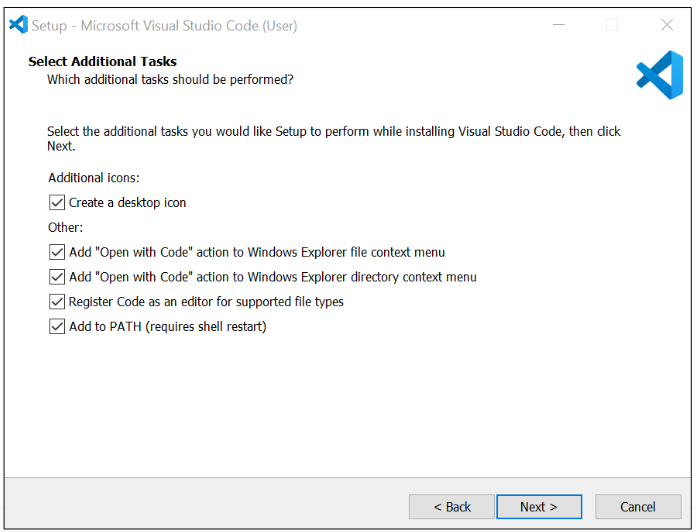 追加タスクを選択するオプションがある Microsoft VS Code セットアップ ウィンドウ。 オプションには、デスクトップ アイコンの作成、ファイル エクスプローラーのコンテキスト メニューへの「コードで開く」アクションの追加、PATH への VS Code の追加などがあります。 この例では、すべてのオプションのチェックボックスがオンになっています。 以下では、「次へ」ボタンが強調表示されています。