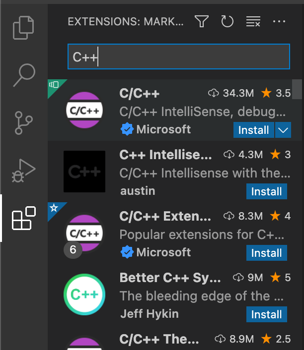 Otevře se boční nabídka rozšíření VS Code a do vyhledávacího řádku nabídky je zadán výraz C++. Výsledky vyhledávání jsou zobrazeny níže a rozšíření Microsoft C/C++ je uvedeno jako první možnost.