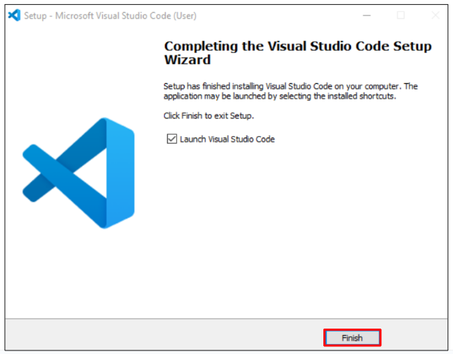 A Microsoft VS Code telepítőablakában a következő üzenet olvasható: A Visual Studio Code telepítővarázslójának befejezése. Van egy lehetőség a VS Code indítása, és alatta egy Befejezés gomb található.