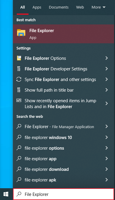 มีการพิมพ์คำว่า File Explorer ลงในแถบค้นหาของ Windows และแอป File Explorer จะปรากฏในผลลัพธ์การค้นหา