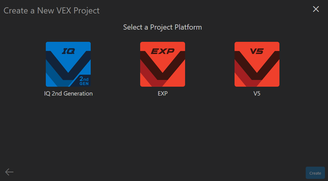De knop Nieuw project is geselecteerd en de VEX-platformopties worden weergegeven. De vermelde opties zijn IQ (2e generatie), EXP en V5.
