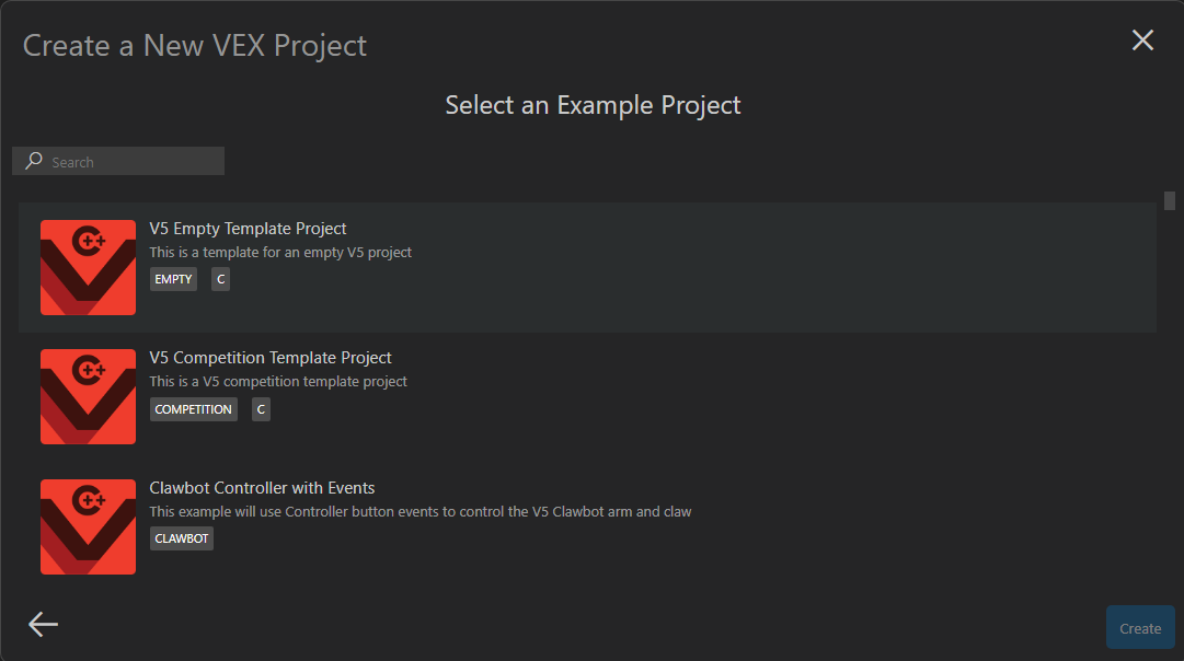 De optie voor de programmeertaal is geselecteerd en nu worden sjabloon-/voorbeeldprojecten weergegeven. U kunt via dit menu naar beneden scrollen om de volledige lijst met projecten te bekijken.