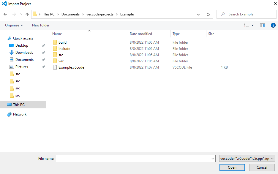 โครงการ VEX ที่บันทึกไว้จะปรากฏในไฟล์ของผู้ใช้ใน File Explorer ในตัวอย่างนี้ ได้เลือกโครงการ V5 VEX