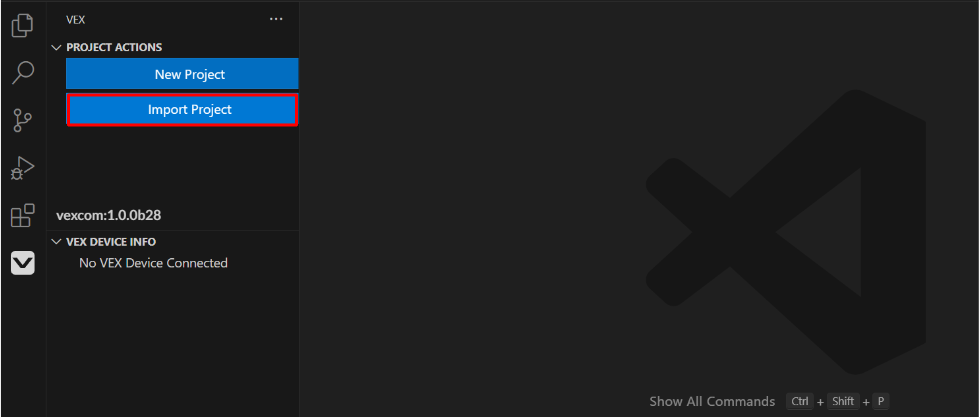 Captura de pantalla de la interfaz de extensión VS Code para VEX IQ, que muestra características y herramientas diseñadas para ayudar a los usuarios a programar proyectos de robótica VEX IQ, incluidas opciones de edición y depuración de código.