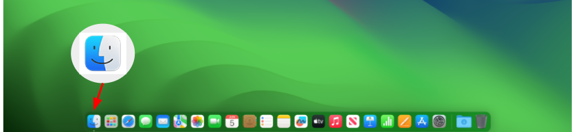 macOS デスクトップ。Dock の下部に Finder アイコンがハイライト表示されています。