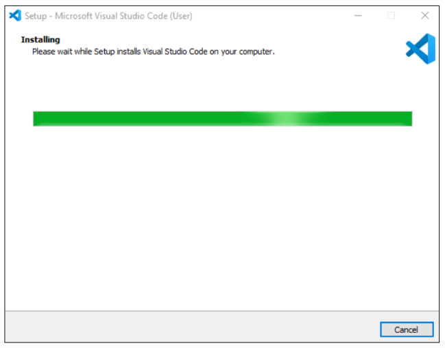 Microsoft VS Code iestatīšanas logs ar progresa joslu un ziņojumu “Notiek instalēšana, lūdzu, uzgaidiet, kamēr iestatīšanas programma instalē Visual Studio Code jūsu datorā”.