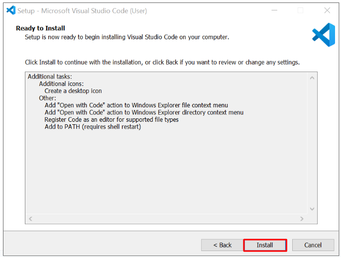 Finestra di installazione di Microsoft VS Code ora pronta per l'installazione. Le attività aggiuntive selezionate vengono elencate per la revisione. In basso è evidenziato il pulsante Installa.