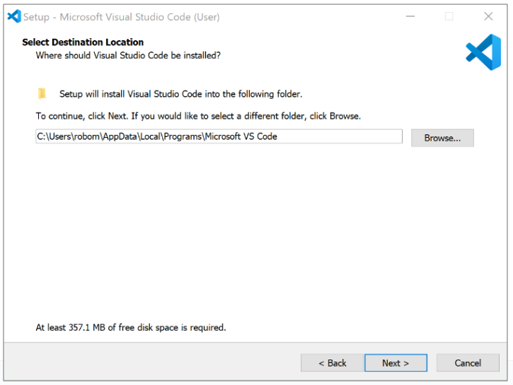 Ventana de configuración de Microsoft VS Code con opciones para seleccionar la carpeta Ubicación de destino. A continuación, se resalta el botón Siguiente.