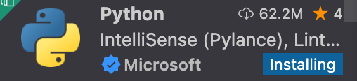 Microsoft Python 拡張機能がサイド メニューに表示され、そのステータスは「インストール中」と表示されます。