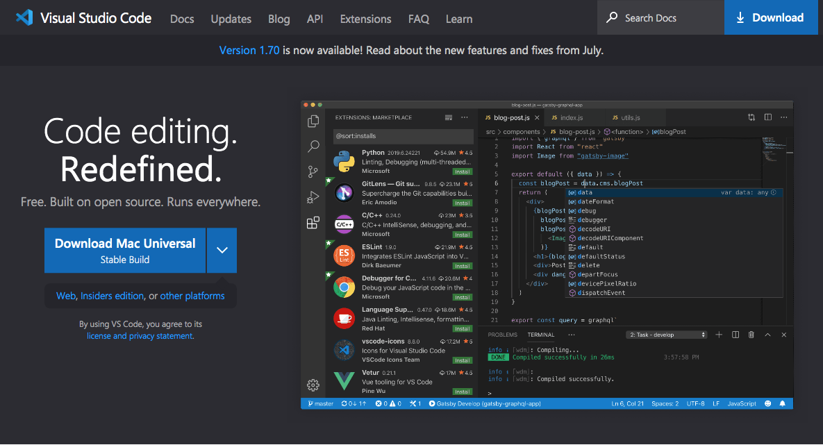 Домашняя страница веб-сайта Visual Studio Code с крупным заголовком «Редактирование кода». Переосмыслено. Под заголовком отображается синяя кнопка с надписью Download Mac Universal.