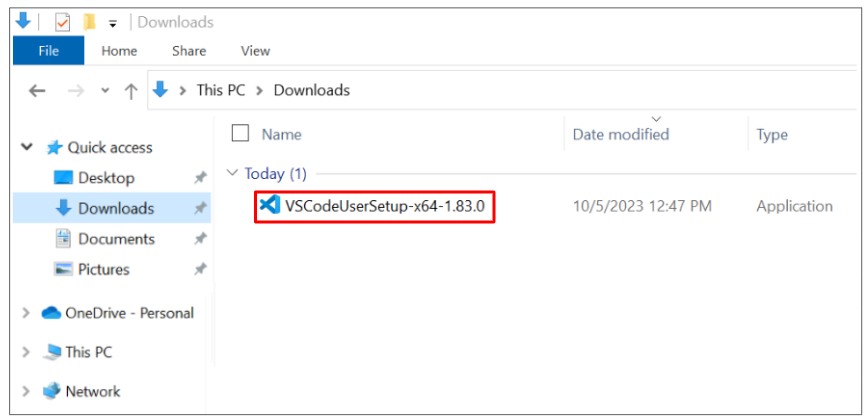 L'explorateur de fichiers Windows s'ouvre sur le dossier Téléchargements et le fichier d'installation de VS Code s'affiche.