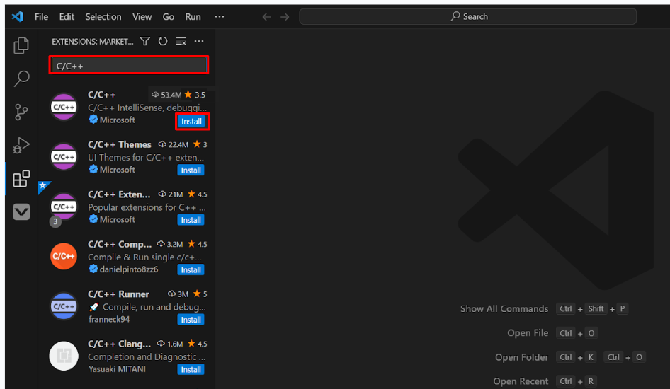 Se abre el menú lateral Extensiones de código VS y se ha escrito C/C++ en la barra de búsqueda del menú. Los resultados de la búsqueda se muestran a continuación, y la extensión de Microsoft C/C++ es la primera opción de la lista.