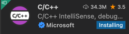 L'estensione Microsoft C/C++ è visualizzata nel menu laterale e il suo stato è Installazione in corso.