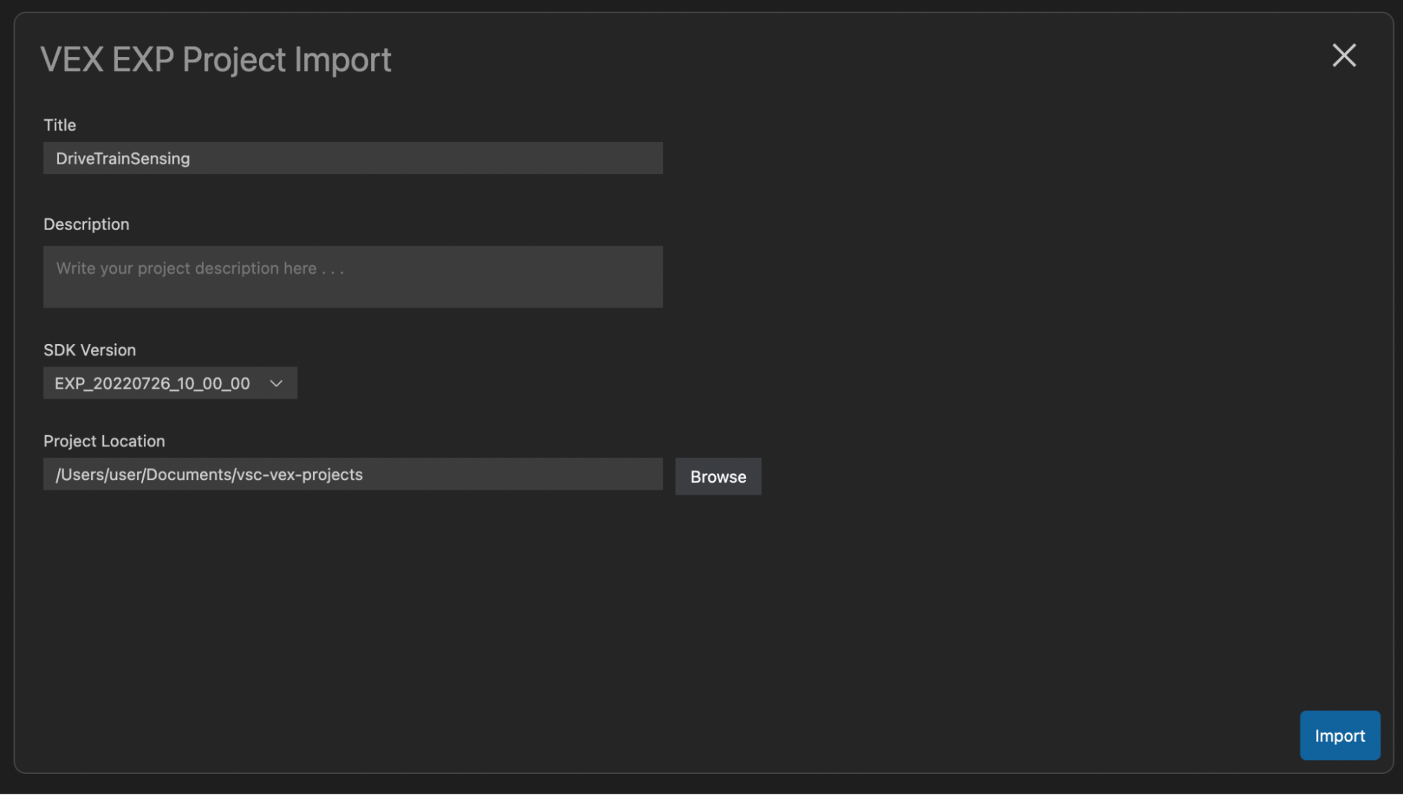 Se ha seleccionado el proyecto VEX guardado previamente para importarlo y el usuario tiene opciones para editar su nombre y descripción antes de importarlo.