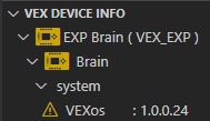 O ícone da pasta Brain e o ícone do Indicador de Dispositivo VEX são apresentados a laranja, e existe um símbolo de perigo junto à versão do VEXos do sistema. Estes sinais indicam que a versão do VEXos do Brain está desatualizada.