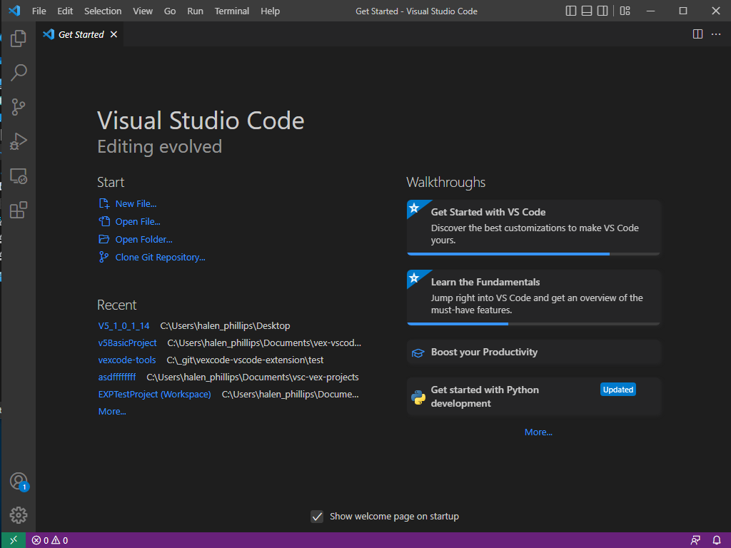 Die VS Code-Anwendung ist geöffnet, aber es ist kein Projekt ausgewählt.
