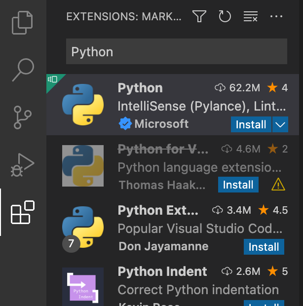 VS Code Extensions yan menüsü açıldı ve menünün arama çubuğuna Python yazıldı. Arama sonuçları aşağıda gösterilmektedir ve Microsoft Python Eklentisi listelenen ilk seçenektir.