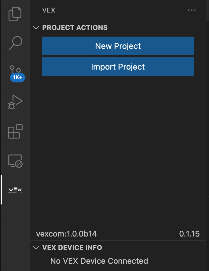 VEX Robotics Extension が選択され、プロジェクト アクション カテゴリに 2 つのボタンが表示されます。1 つのボタンには [新しいプロジェクト]、もう 1 つのボタンには [プロジェクトのインポート] が表示されます。