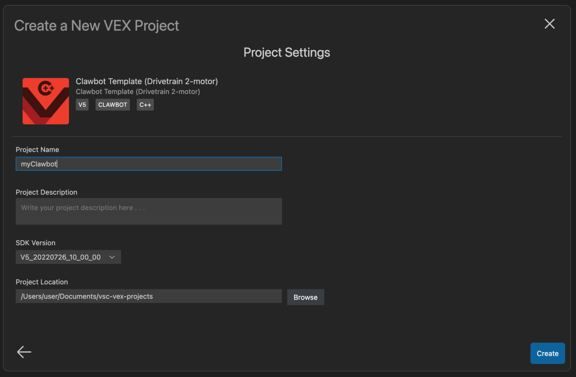 Clawbot Drivetrain 2 мотор үлгісінің жобасы таңдалды, енді Жоба атауы өрісі бөлектелген. Бұл мысалда жоба атауы myClawbot параметріне орнатылды.