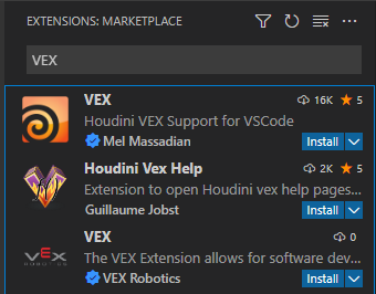 Menu bên của VS Code Extensions được mở ra và VEX đã được nhập vào thanh tìm kiếm của menu. Kết quả tìm kiếm được hiển thị bên dưới và Tiện ích mở rộng VEX Robotics được liệt kê.