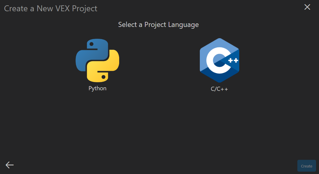 تم تحديد خيار منصة VEX، والآن يتم عرض خيارات لغة البرمجة. تتضمن الخيارات المدرجة Python وC/C++.