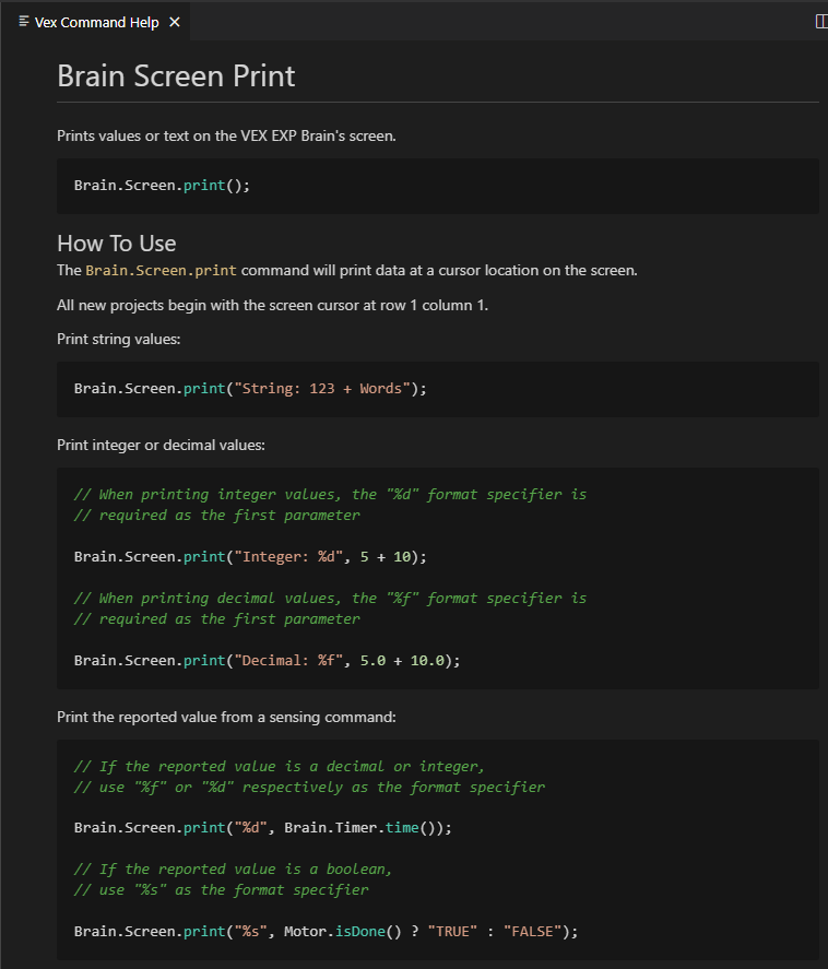 Trang Trợ giúp lệnh VEX đã mở và hiển thị thông tin cũng như ví dụ về lệnh Brain Screen Print C++.