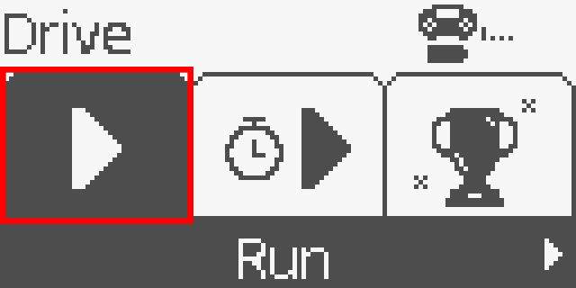 La schermata del controller è visualizzata nel menu Drive con l'opzione Run evidenziata. Esegui è la prima opzione del menu.