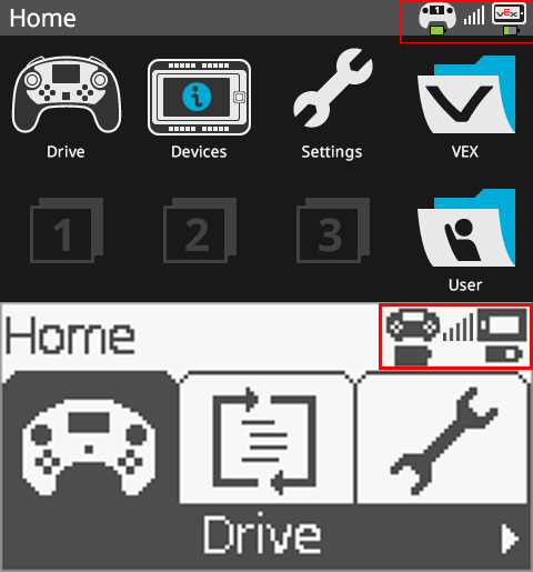 Tangkapan layar dari Brain ditunjukkan di atas tangkapan layar dari Controller. Kedua layar memiliki ikon koneksi nirkabel di kanan atas, yang menunjukkan keduanya terhubung.
