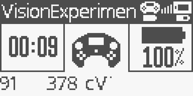 Показан экран контроллера с запущенной программой VisionExperiment. На этом экране имеется панель управления, на которой отображается продолжительность работы программы и уровень заряда батареи.