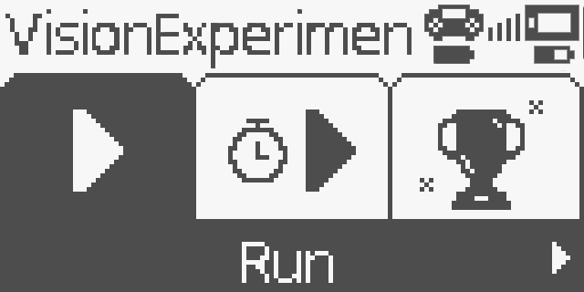 Контроллер экраны VisionExperiment бағдарламасының мәзірі ашылғанда және «Іске қосу» опциясы бөлектелгенде көрсетіледі. Іске қосу опциясы мәзірдегі бірінші опция болып табылады.