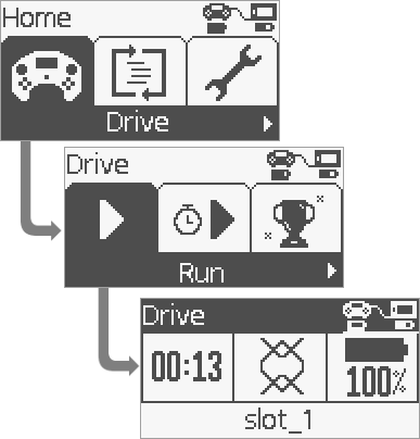 ホーム メニューからドライブ プログラムを実行する方法を示すために、3 つのスクリーンショットが表示されます。 最初にホーム メニューの画面が表示され、次にドライブ メニューが表示され、最後にドライブ プロジェクトがアクティブに実行されていることが表示されます。
