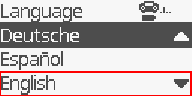 Ekran kontrolera jest wyświetlany w menu Język, w którym znajduje się lista języków, które można używać z kontrolerem. Na wyświetlanej liście można wybierać między językami Deutsche, Espanol i English, ale znajdują się tam ikony informujące, że listę można przewijać, aby uzyskać dostęp do większej liczby opcji.