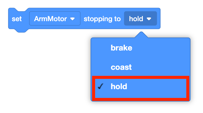 O bloco de configuração de paragem do motor do VEXcode V5 é apresentado com o menu suspenso de parâmetros de paragem aberto. As opções do menu suspenso são: travar, inércia e manter, estando selecionada a opção manter.