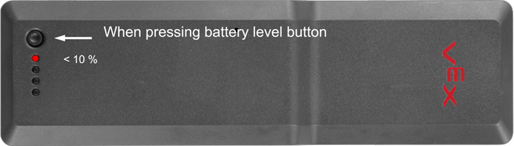 La batterie du robot V5 est représentée avec le bouton de jauge enfoncé et un voyant lumineux rouge allumé. Une étiquette indique que les voyants s'allumeront lorsque le bouton de la jauge sera enfoncé. Une autre étiquette indique que le voyant rouge unique signifie que le niveau de la batterie est inférieur à 10 %.