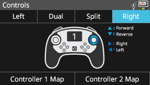 Layar otak ditampilkan di menu Kontrol dengan konfigurasi Kanan dipilih. Diagram menunjukkan bahwa joystick kanan Pengendali digunakan.