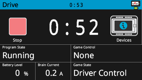 หน้าจอสมองจะแสดงในขณะที่กำลังรันโปรแกรม Drive ด้านบนของหน้าจอจะแสดงปุ่มหยุด ตัวจับเวลาที่แสดงระยะเวลาที่ทำงาน และปุ่มอุปกรณ์ ส่วนล่างของหน้าจอจะแสดงตัวเลือกข้อมูลที่อ่านได้ ได้แก่ สถานะโปรแกรม, การควบคุมเกม, ระดับแบตเตอรี่, กระแสไฟสมอง และสถานะเกม
