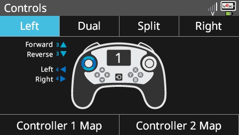 Ekran mózgu jest wyświetlany w menu Sterowanie z wybraną konfiguracją Lewa. Diagram pokazuje, że używany jest lewy joystick kontrolera. Na górze znajdują się cztery przyciski w rzędzie, za pomocą których można zmienić konfigurację. Te przyciski oznaczają Lewo, Podwójnie, Podziel i Prawo.