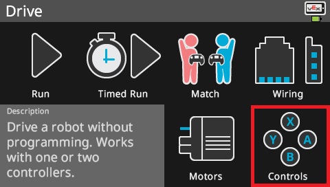 Obrazovka Brain se zobrazí v nabídce Drive se zvýrazněnou možností Controls.