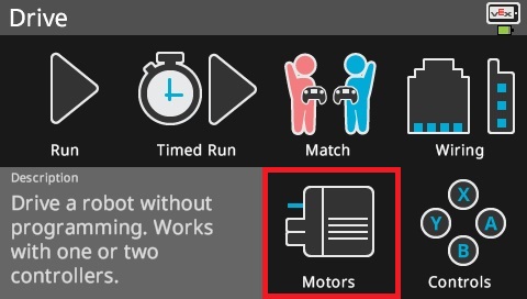 O ecrã do cérebro é apresentado no menu Drive com a opção Motores selecionada.