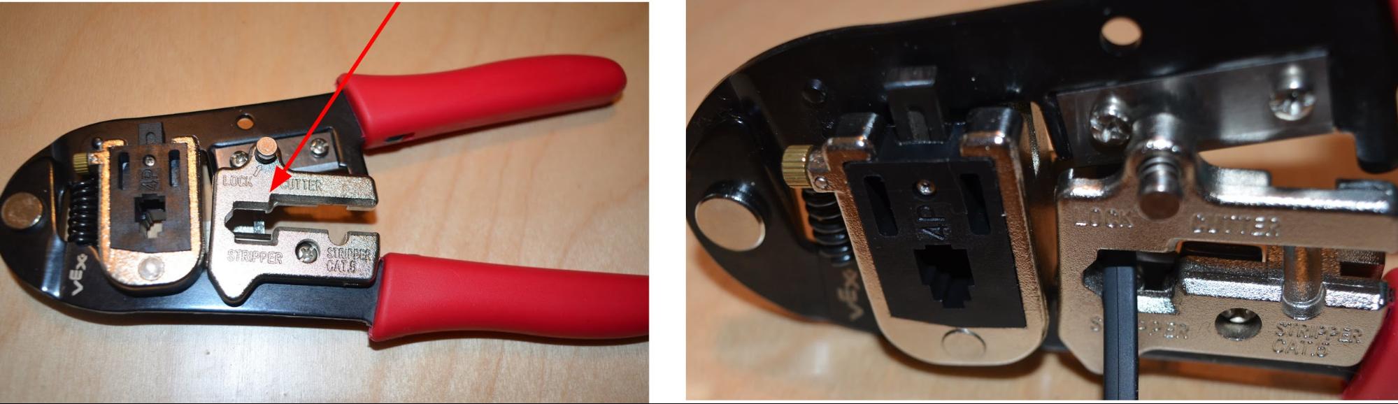 2 つの画像を並べて表示します。 左側は圧着工具のストリッパー部分を示しており、矢印はその位置を示しています。 右側は、ケーブルの一端を圧着工具のストリッパー部分に配置した状態を示しています。 ケーブルを所定の位置に設置したら、ハンドルを握ってケーブルの端を剥がします。