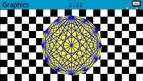 Ekran mózgu V5 z uruchomionym projektem użytkownika. Na ekranie pojawia się kolorowy wzór geometryczny narysowany na szachownicy, który wskazuje zakres grafik, jakie użytkownicy mogą tworzyć.
