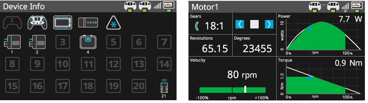 Er worden twee V5 Brain-screenshots naast elkaar weergegeven om het scala aan beschikbare dashboardmenu's te laten zien. De menu's Apparaatinfo en Smart Motor worden als voorbeelden weergegeven.