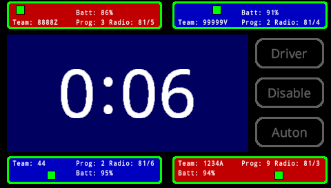 Het FC Brain-scherm wordt weergegeven in het Home-menu nadat de TM is aangesloten en het veld actief is. De achtergrond van het startscherm is blauw, wat aangeeft dat de autonome wedstrijden gaande zijn. Er staat een grote timer in het midden van het scherm. In dit voorbeeld staat er 0:06 op.