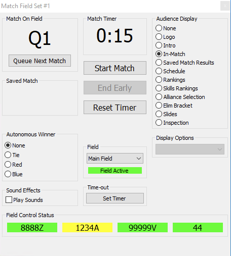 Se muestra la pantalla de control de Match Manager del torneo, y uno de los cuatro equipos tiene un nombre que se muestra en amarillo en lugar de verde, lo que indica un error.
