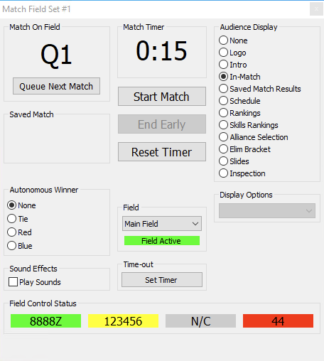 Se muestra la pantalla de control Match Manager del torneo, y tres de los cuatro equipos tienen errores. Uno de los equipos se muestra en verde, uno se muestra en amarillo, uno se muestra en gris con el mensaje N/C y uno se muestra en rojo.